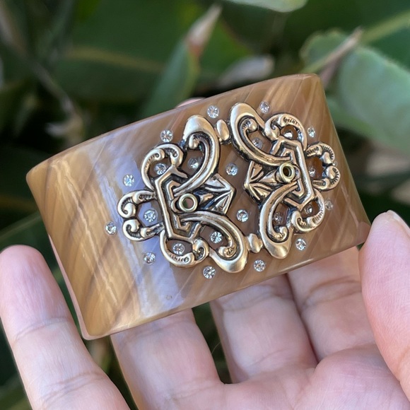 Cellulose acetate brass diamanté crystal wide open cuff bracelet - Picture 7 of 9